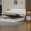 3 Pieces Bedroom Sets,Queen Size Upholstered Bed with LED Lights,Hydraulic Storage System, Two Nightstands with Crystal Decoration,White