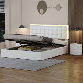 3 Pieces Bedroom Sets,Queen Size Upholstered Bed with LED Lights,Hydraulic Storage System, Two Nightstands with Crystal Decoration,White