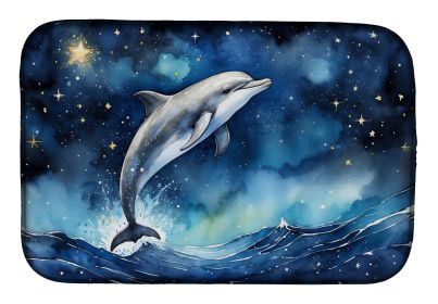 Dolphin in a Starry Sea Dish Drying Mat Absorbent Dish Drying Mat Pad for Kitchen Counter Dish Drainer Mat for Countertop, 14 x 21", Multicolor