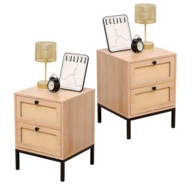 Rattan Nightstand Set of 2,Bedside Table with 2 Natural Rattan Drawers and Metal Legs