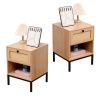 Rattan Nightstand Set of 2,Bedside Table with 1 Natural Rattan Drawers and Metal Legs