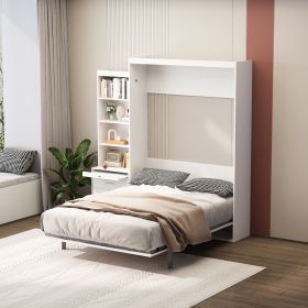 Morden Deisgn Full Size Vertical Murphy Bed with Shelf and Drawers for Bedroom or Guestroom White Wall Bed Space Saving Hidden Bed with New Style Gas