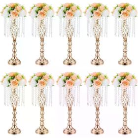 Gold Crystal Wedding Centerpieces 10 Pcs,21.7 Inches for Tables With Metal Chandelier Holder Stand Home Decorations Vase Decor