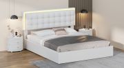 3 Pieces Bedroom Sets,Queen Size Upholstered Bed with LED Lights,Hydraulic Storage System, Two Nightstands with Crystal Decoration,White