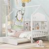 Wooden Full Size House Bed with Trundle,Kids Bed with Shelf, White