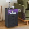 FCH 40*35*65cm Particleboard Pasted Triamine Three Drawers With Socket With LED Light Bedside Table Black