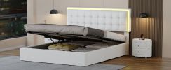 3 Pieces Bedroom Sets,Queen Size Upholstered Bed with LED Lights,Hydraulic Storage System, Two Nightstands with Crystal Decoration,White