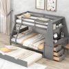 Twin over Full Bunk Bed with Trundle and Built-in Desk, Three Storage Drawers and Shelf,Gray