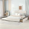 Queen Upholstered Platform Bed with Twin Size Trundle and Two Drawers, Beige