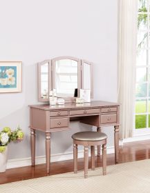 Bedroom Contemporary Vanity Set w Foldable Mirror Stool Drawers Rose Gold Color