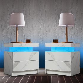 Nightstand Set of 2 LED Nightstand with 2 Drawers,Bedside Table with Drawers for Bedroom Furniture,Side Bed Table , White (Color: White Marble)