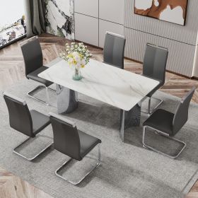 Modern minimalist dining table. Imitation marble glass sticker desktop, stainless steel legs, stable and beautiful. 6 premium PU seats. (Color: as Pic)