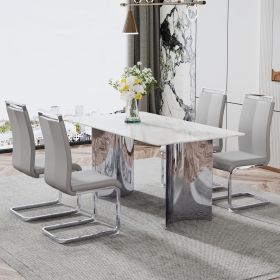 Modern minimalist dining table. Imitation marble glass sticker desktop, stainless steel legs, stable and beautiful. 4 premium PU seats (Color: as Pic)