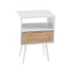 15.75" Rattan End table with drawer and solid wood legs, Modern nightstand, side table for living room, bedroom